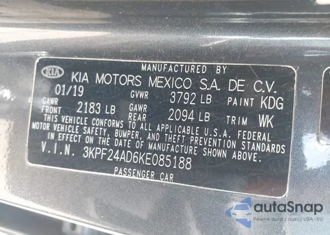 2019 Kia Forte Lxs из США, поврежденный, VIN 3KPF24AD6KE085188